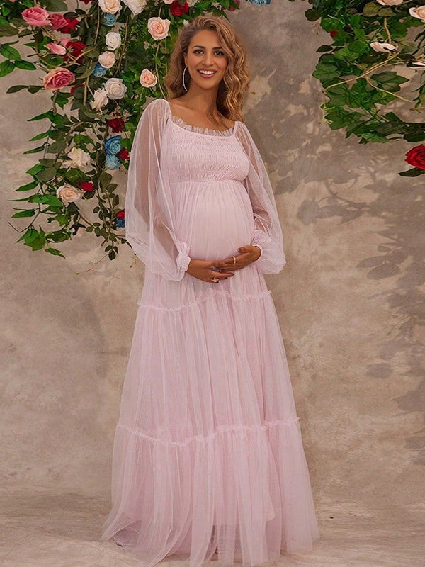 Mumsmode Zwangerschaps Tule Jurken Elegant Ceremonie Gekreukt Trapeze Maxi Fotoshoot Jurken