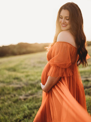Mumsmode Zwangerschaps Tule Jurken Elegant Boheems Off Shoulder Trapeze Gedrapeerd Maxi Fotoshoot Jurken