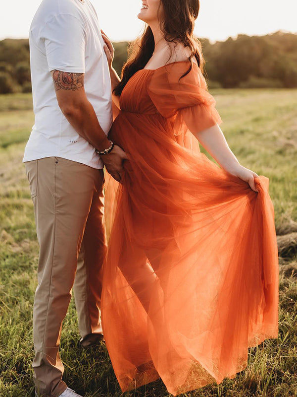Mumsmode Zwangerschaps Tule Jurken Elegant Boheems Off Shoulder Trapeze Gedrapeerd Maxi Fotoshoot Jurken