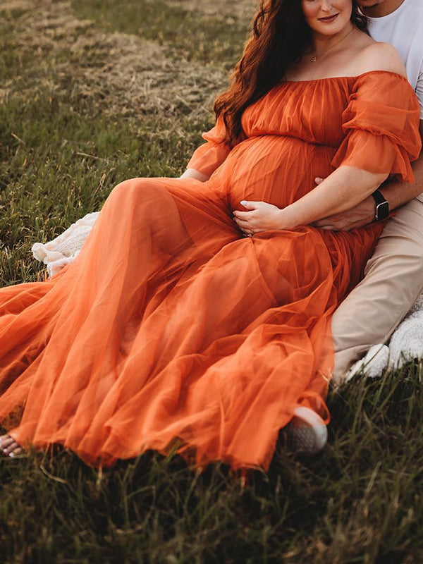 Mumsmode Zwangerschaps Tule Jurken Elegant Boheems Off Shoulder Trapeze Gedrapeerd Maxi Fotoshoot Jurken
