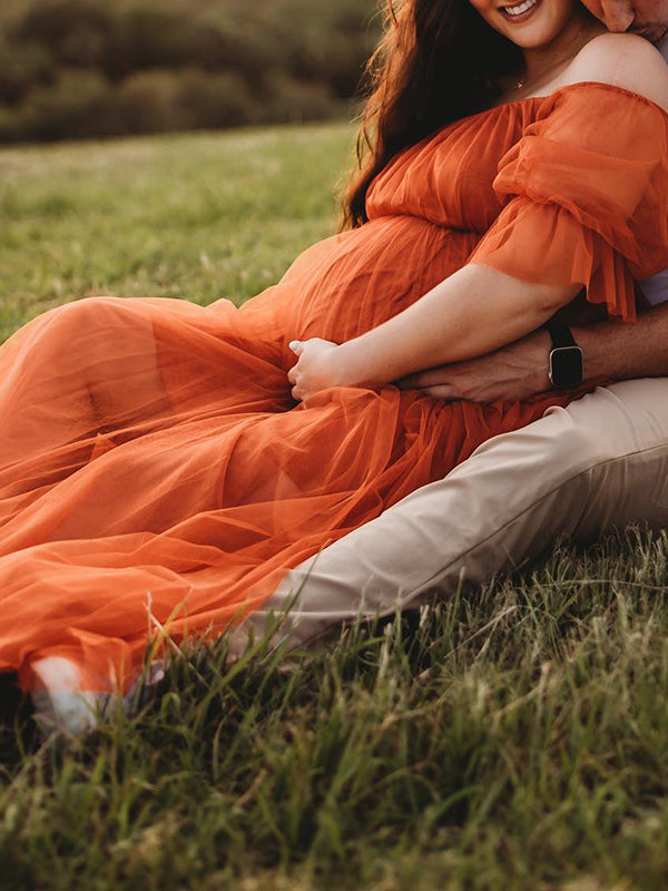 Mumsmode Zwangerschaps Tule Jurken Elegant Boheems Off Shoulder Trapeze Gedrapeerd Maxi Fotoshoot Jurken