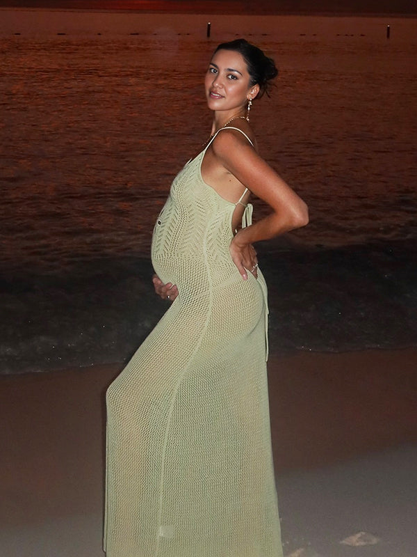 Mumsmode Zwangerschaps Bodycon Jurken Boheems Vakantie Gebreide Uithollen Rugloos Spaghetti Maxi Fotoshoot Jurken