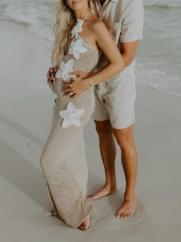 Mumsmode Zwangerschaps Bodycon Jurken Boheems Gebreide 3D Bloemen Uithollen Rugloos Maxi Fotoshoot Jurken