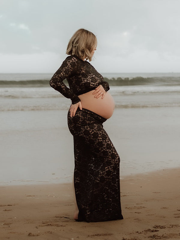 Mumsmode Zwangerschaps Kanten Jurken Elegant 2-in-1 Bodycon Zijsplit Transparant Maxi Fotoshoot Jurken