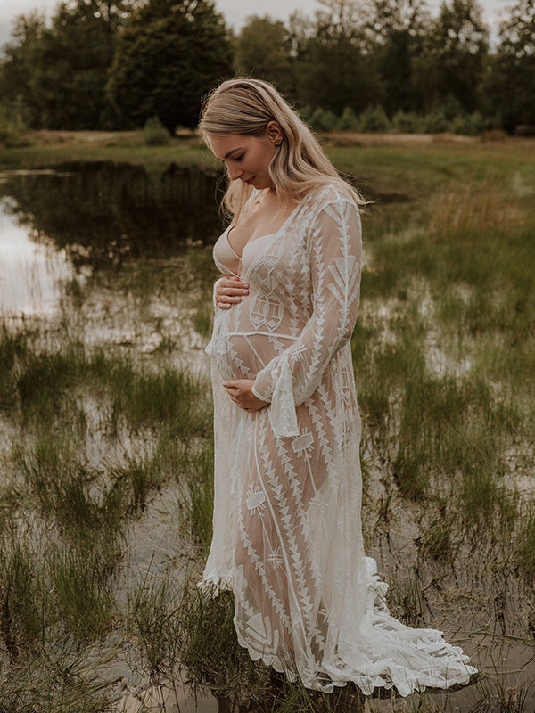 Mumsmode Zwangerschaps Fotoshoot Jurken Boheems Kanten Onregelmatig Riem Zijsplit Maxi Jurken