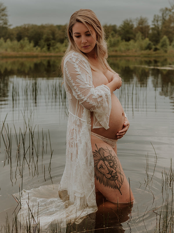 Mumsmode Zwangerschaps Fotoshoot Jurken Boheems Kanten Onregelmatig Riem Zijsplit Maxi Jurken