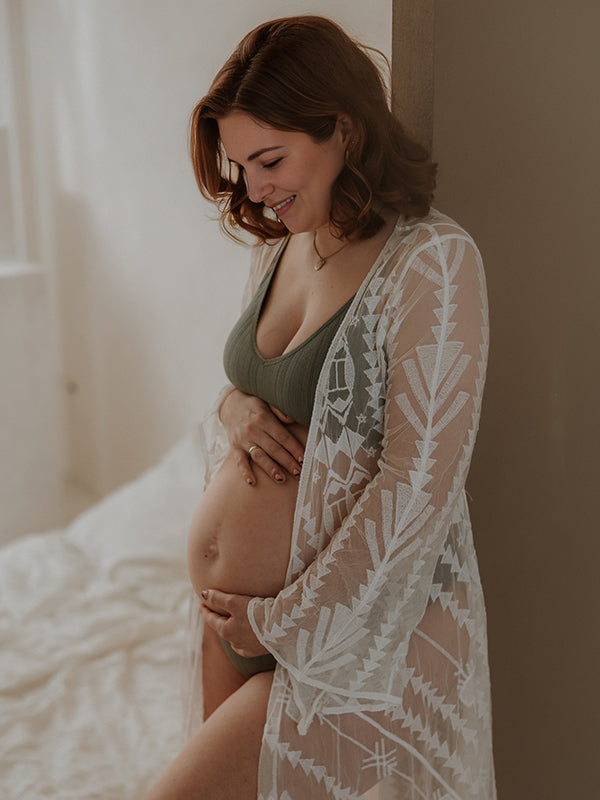 Mumsmode Zwangerschaps Fotoshoot Jurken Boheems Kanten Onregelmatig Riem Zijsplit Maxi Jurken