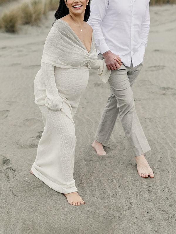 Mumsmode Zwangerschaps Bodycon Jurken Elegant Ceremonie Gekreukt Kleurverloop Off Shoulder Maxi Fotoshoot Jurken