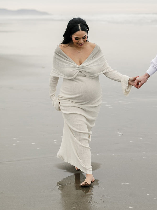 Mumsmode Zwangerschaps Bodycon Jurken Elegant Ceremonie Gekreukt Kleurverloop Off Shoulder Maxi Fotoshoot Jurken