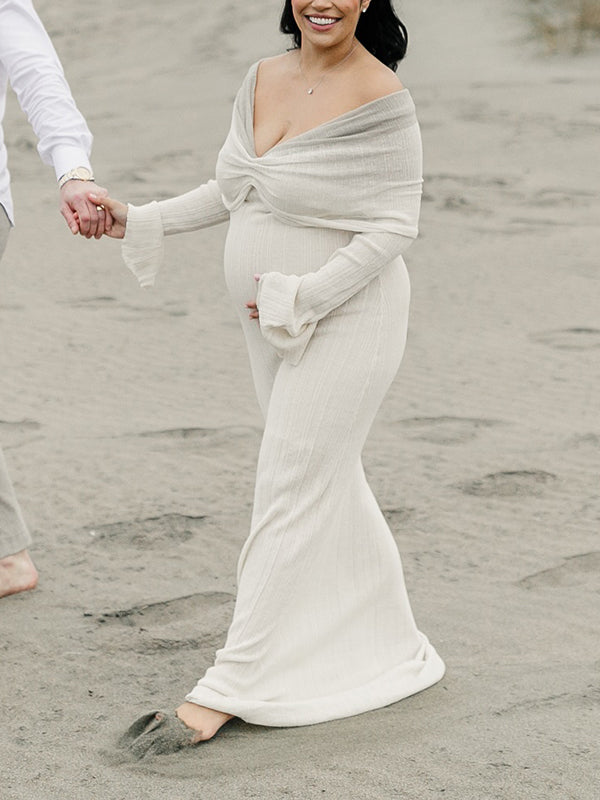 Mumsmode Zwangerschaps Bodycon Jurken Elegant Ceremonie Gekreukt Kleurverloop Off Shoulder Maxi Fotoshoot Jurken