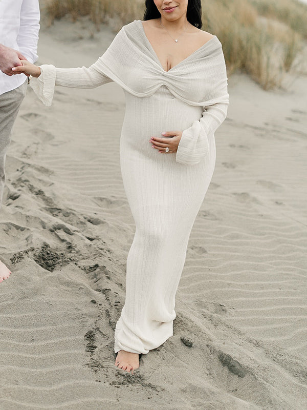 Mumsmode Zwangerschaps Bodycon Jurken Elegant Ceremonie Gekreukt Kleurverloop Off Shoulder Maxi Fotoshoot Jurken