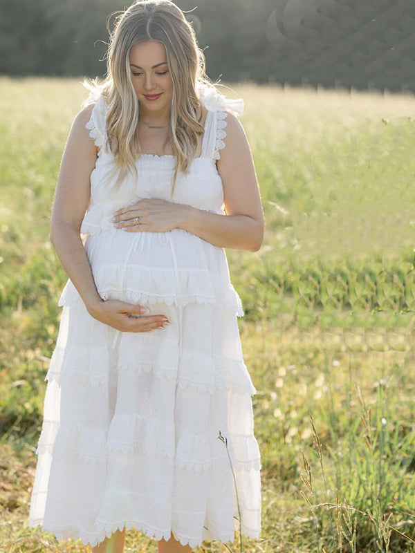 Mumsmode Zwangerschaps Daily Jurken Vakantie Kanten Golvende Rand Gevlochten Spaghetti Maxi Fotoshoot Jurken