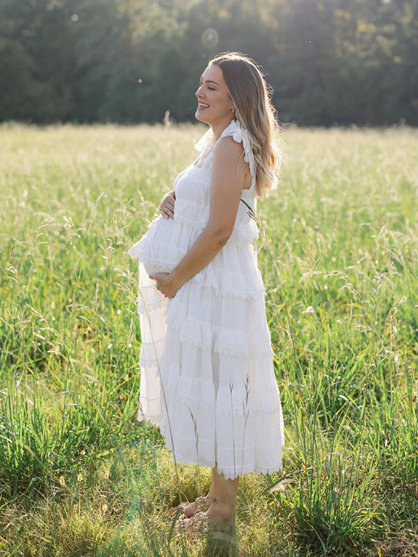 Mumsmode Zwangerschaps Daily Jurken Vakantie Kanten Golvende Rand Gevlochten Spaghetti Maxi Fotoshoot Jurken