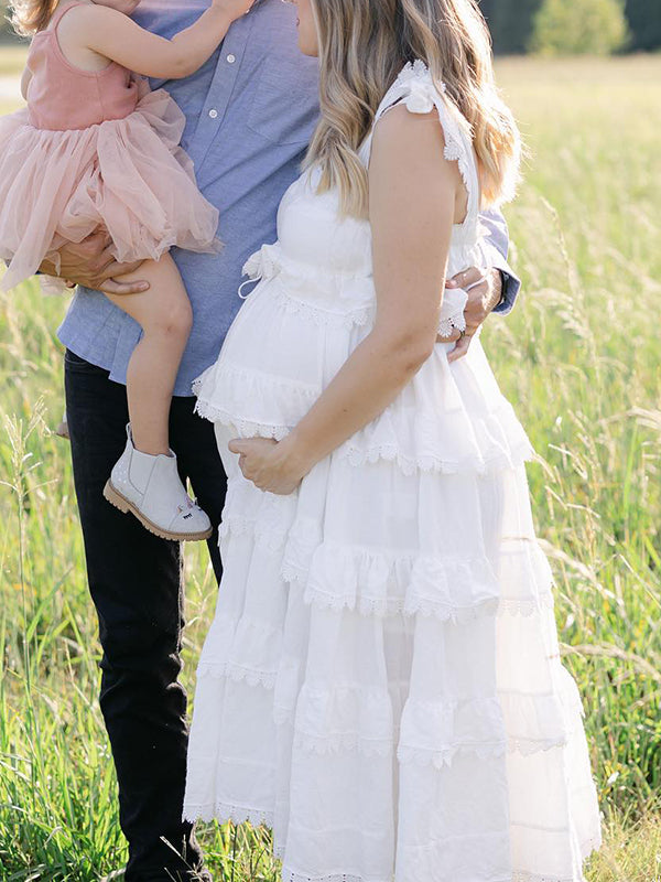 Mumsmode Zwangerschaps Daily Jurken Vakantie Kanten Golvende Rand Gevlochten Spaghetti Maxi Fotoshoot Jurken