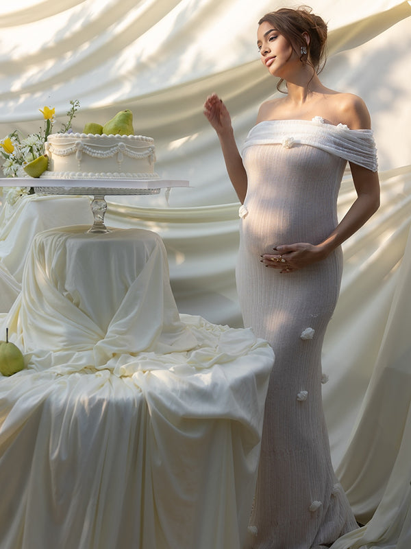Maxi Zwangerschapsfeest Jurk 3D Bloemen - Wit