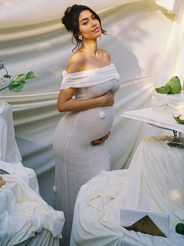 Mumsmode Zwangerschaps bodycon Jurken Elegant Ceremonie Off Shoulder 3d Bloemen Maxi Fotoshoot Jurken