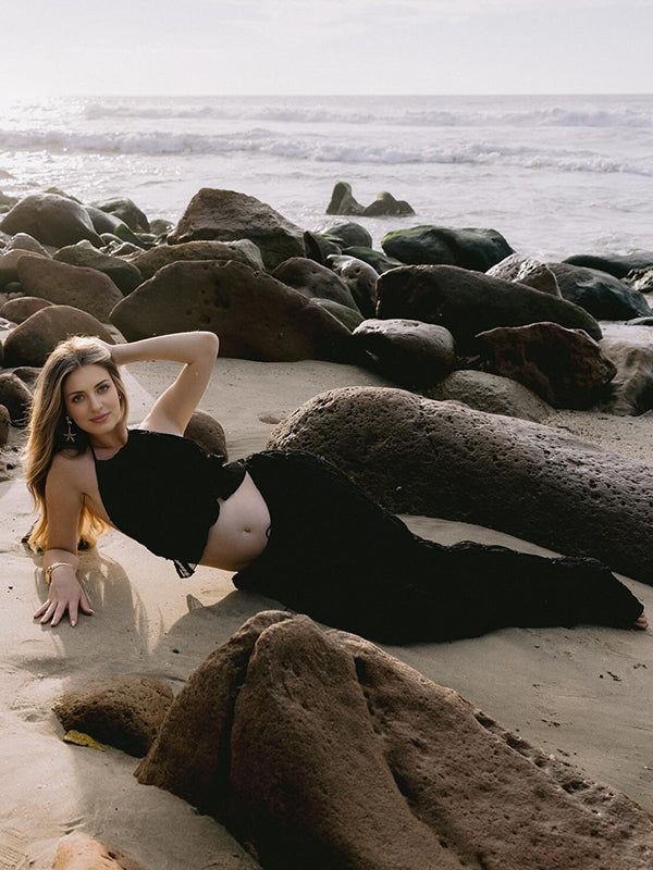 Mumsmode Zwangerchaps Maxi Fotoshoot Jurken Elegant Rugloos Gekreukt 2-in-1 Halternek Zwart