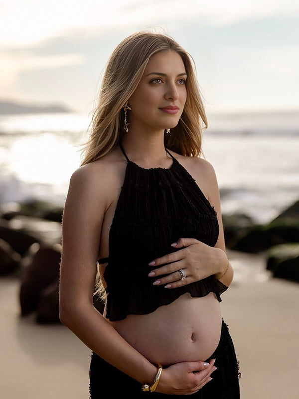 Mumsmode Zwangerchaps Maxi Fotoshoot Jurken Elegant Rugloos Gekreukt 2-in-1 Halternek Zwart