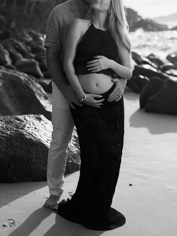 Mumsmode Zwangerchaps Maxi Fotoshoot Jurken Elegant Rugloos Gekreukt 2-in-1 Halternek Zwart