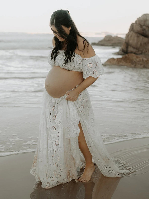 Mumsmode Zwangerschaps Fotoshoot Jurken Boheems Kanten Ruches Zijsplit Off Shoulder 2-in-1 Maxi Jurken