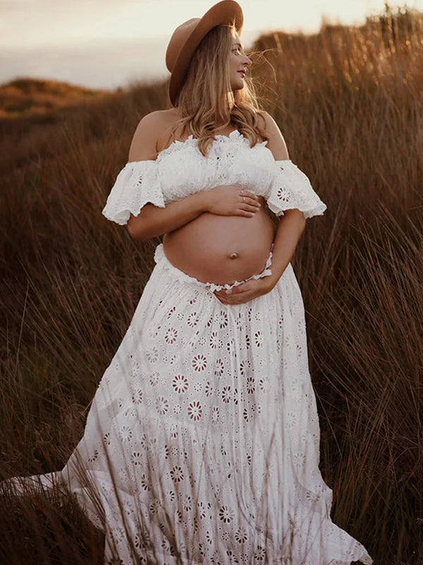 Mumsmode Zwangerschaps Fotoshoot Jurken Boheems Kanten Ruches Zijsplit Off Shoulder 2-in-1 Maxi Jurken