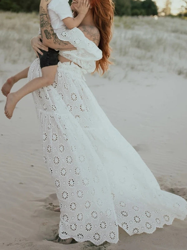 Mumsmode Zwangerschaps Maxi Fotoshootjurk Boheems Off Shoulder 2-in-1 Set Wit