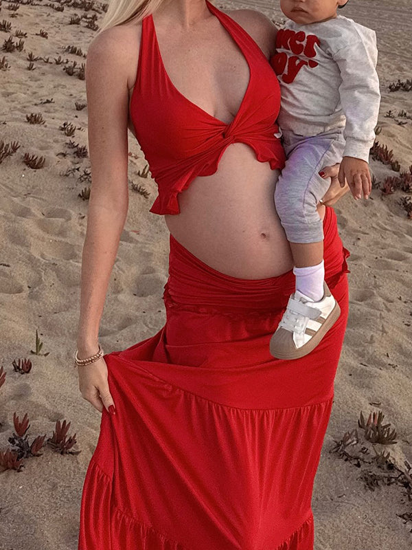 Mumsmode Zwangerschaps Bodycon Jurken Cocktail 2-in-1 Ruches Gekreukt Rugloos Halternek Maxi Fotoshoot Jurken