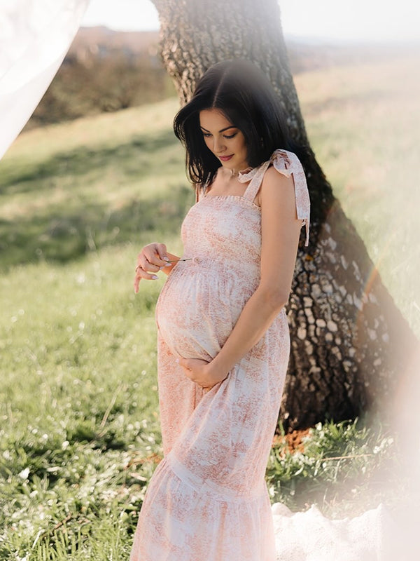 Mumsmode Zwangerschaps Bloemen Jurken Bloemenprint Ruches Gedrapeerd Spaghetti Maxi Fotoshoot Jurken