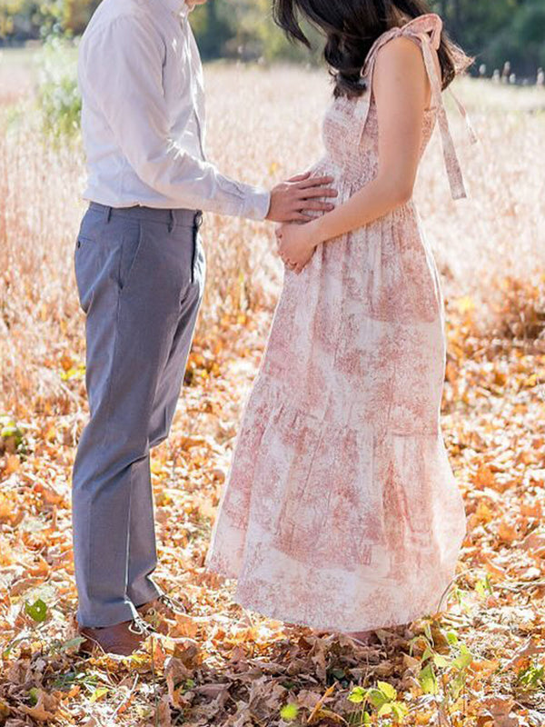 Mumsmode Zwangerschaps Bloemen Jurken Bloemenprint Ruches Gedrapeerd Spaghetti Maxi Fotoshoot Jurken