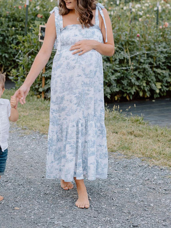 Mumsmode Zwangerschaps Bloemen Jurken Bloemenprint Ruches Gedrapeerd Spaghetti Maxi Fotoshoot Jurken