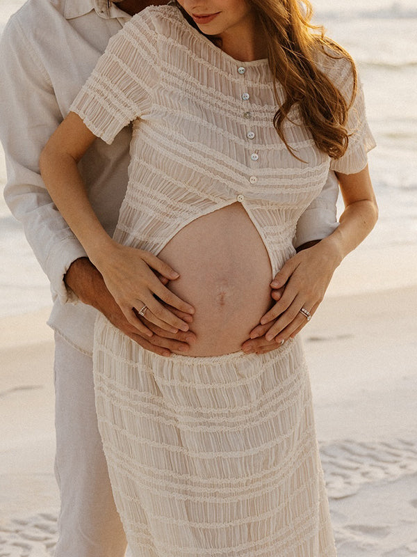 Mumsmode Zwangerschaps Fotoshoot Jurken Boheems 2-in-1 Ruches Gekreukt Zijsplit Enkele Borst Gestreept Maxi Jurken