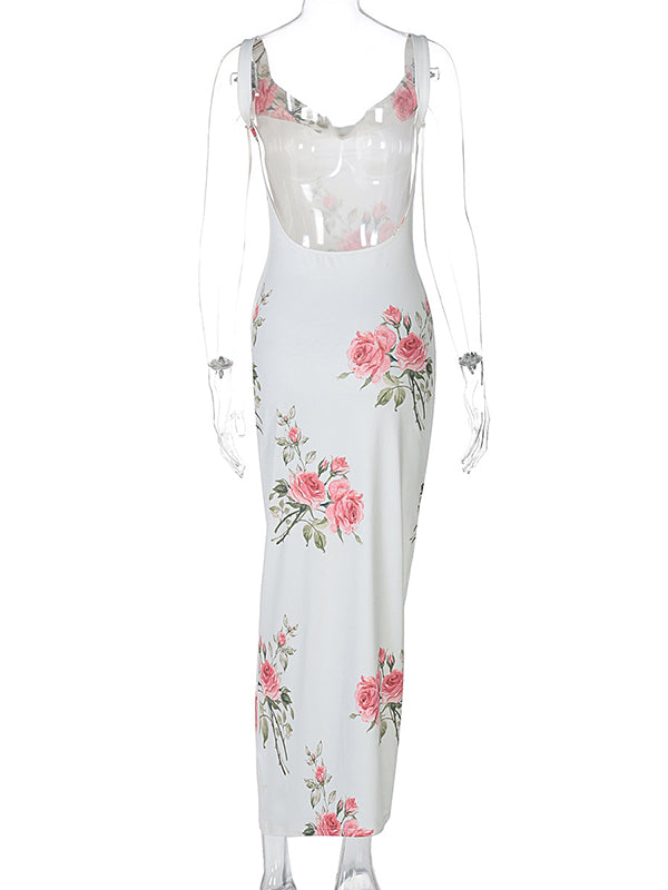 Mumsmode Zwangerchaps Maxi Fotoshoot Jurken Elegant Bloemenprint Spaghetti Rugloos Ruches Kraag Wit
