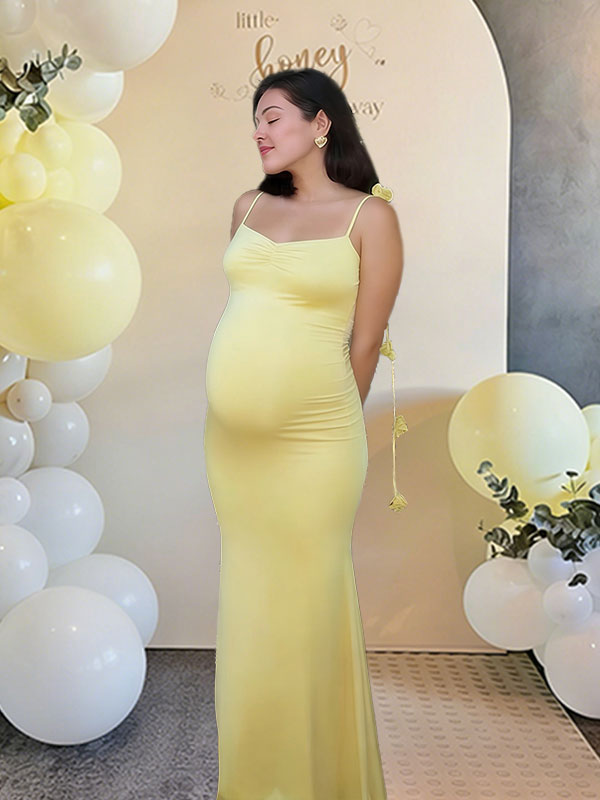 Mumsmode Zwangerchaps Maxi BabyShower Jurken Elegant Riem Enkele Borst Appliques V-hals Geel