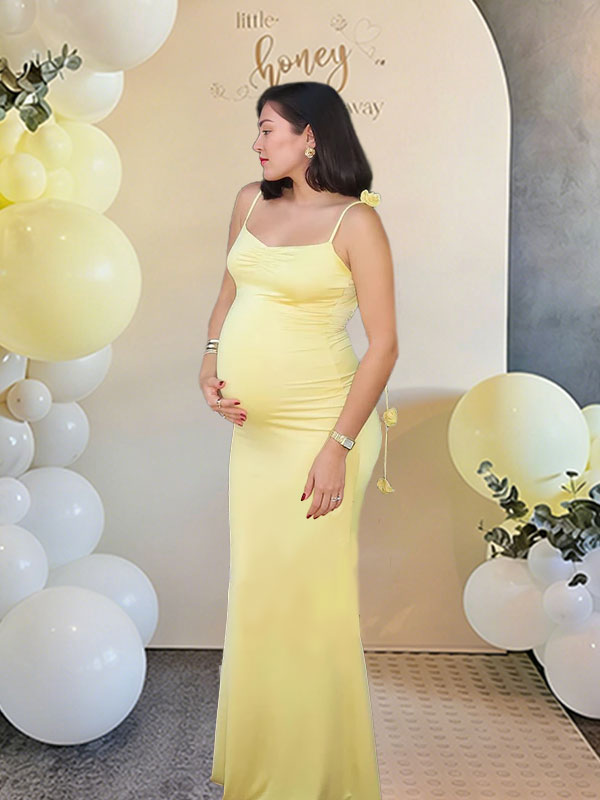 Mumsmode Zwangerchaps Maxi BabyShower Jurken Elegant Riem Enkele Borst Appliques V-hals Geel