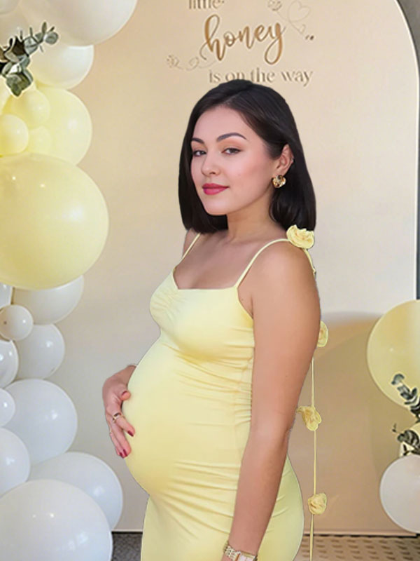 Mumsmode Zwangerchaps Maxi BabyShower Jurken Elegant Riem Enkele Borst Appliques V-hals Geel