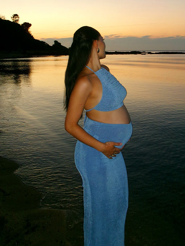 Mumsmode Zwangerschaps Bodycon jurk Elegant Cocktail 2-in-1 Gekreukt Rugloos Halternek Vakantie Maxi jurk