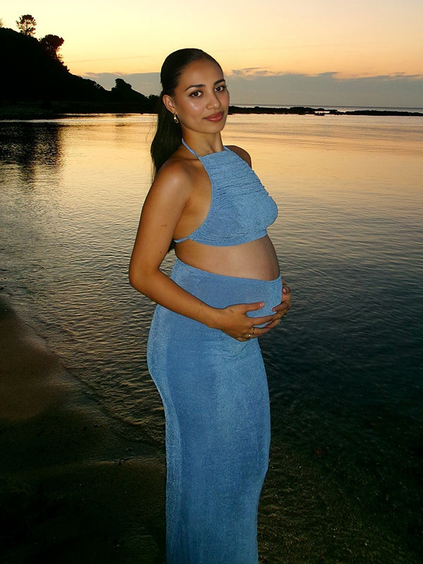Mumsmode Zwangerschaps Bodycon jurk Elegant Cocktail 2-in-1 Gekreukt Rugloos Halternek Vakantie Maxi jurk