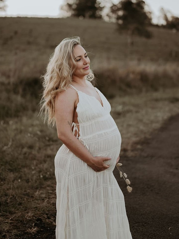 Mumsmode Zwangerschaps Fotoshoot jurk Boheems Vakantie Koord Gedrapeerd Gekreukt Spaghetti Maxi jurk