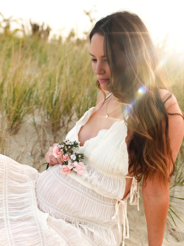 Mumsmode Zwangerschaps Fotoshoot jurk Boheems Vakantie Koord Gedrapeerd Gekreukt Spaghetti Maxi jurk