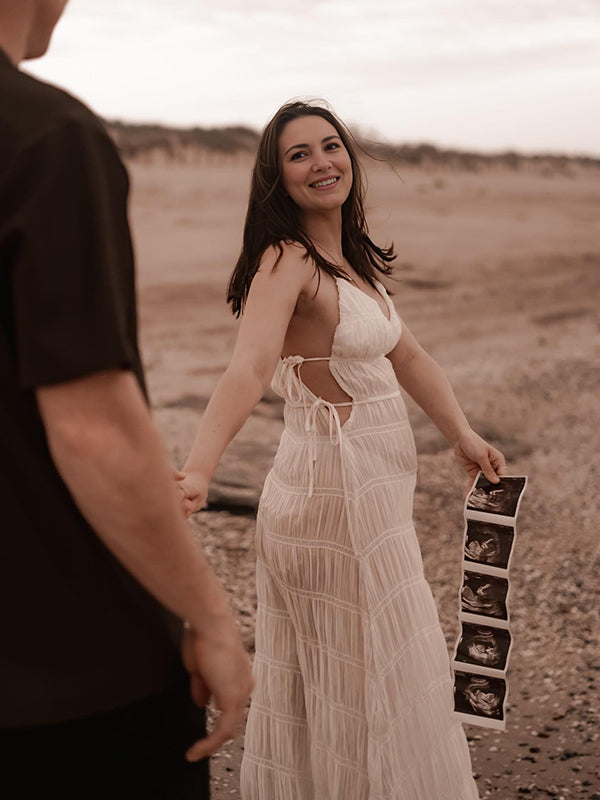 Mumsmode Zwangerschaps Fotoshoot jurk Boheems Vakantie Koord Gedrapeerd Gekreukt Spaghetti Maxi jurk