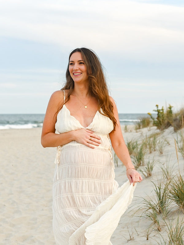 Mumsmode Zwangerschaps Fotoshoot jurk Boheems Vakantie Koord Gedrapeerd Gekreukt Spaghetti Maxi jurk
