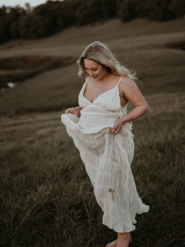 Mumsmode Zwangerschaps Fotoshoot jurk Boheems Vakantie Koord Gedrapeerd Gekreukt Spaghetti Maxi jurk