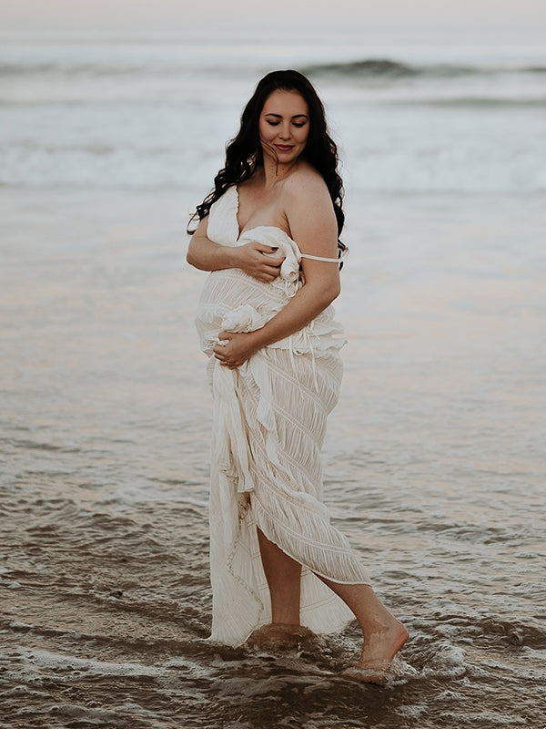 Mumsmode Zwangerschaps Fotoshoot jurk Boheems Vakantie Koord Gedrapeerd Gekreukt Spaghetti Maxi jurk