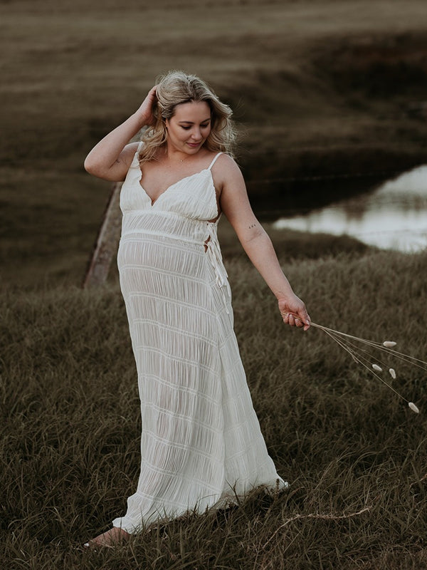 Mumsmode Zwangerschaps Fotoshoot jurk Boheems Vakantie Koord Gedrapeerd Gekreukt Spaghetti Maxi jurk