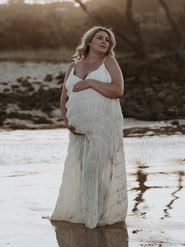Mumsmode Zwangerschaps Fotoshoot jurk Boheems Vakantie Koord Gedrapeerd Gekreukt Spaghetti Maxi jurk