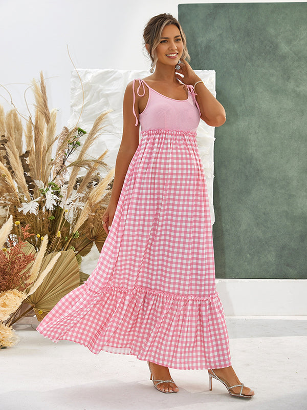 Mumsmode Zwangerchaps Maxi BabyShower Jurk Schat meisje Plaid Spaghetti Gekreukt Ronde Hals Roze