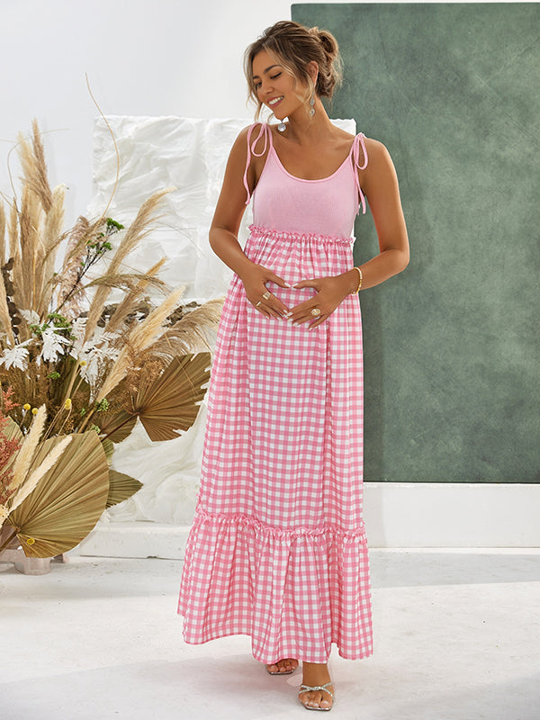 Mumsmode Zwangerchaps Maxi BabyShower Jurk Schat meisje Plaid Spaghetti Gekreukt Ronde Hals Roze