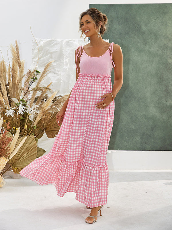 Mumsmode Zwangerchaps Maxi BabyShower Jurk Schat meisje Plaid Spaghetti Gekreukt Ronde Hals Roze