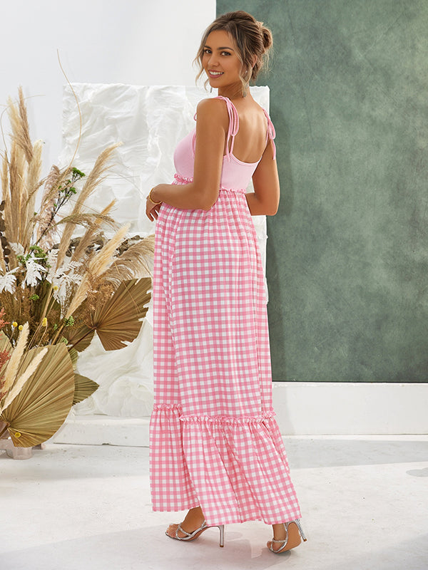 Mumsmode Zwangerchaps Maxi BabyShower Jurk Schat meisje Plaid Spaghetti Gekreukt Ronde Hals Roze