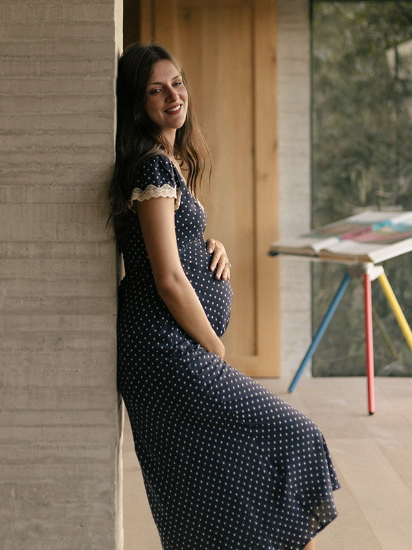 Mumsmode Zwangerchaps Maxi Fotoshoot Jurk Elegant Stippenprint Kanten V-hals Marineblauw